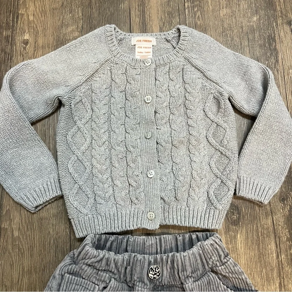 Kids Button Down Gray Knitted Cardigan and Corduroy Pants Size 18-24 Months